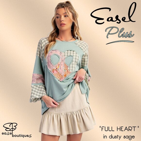 easel Tops - EASEL "Full Heart" Cotton Terry Mix Fabric & Print Embroidered Raw Frayed Edges